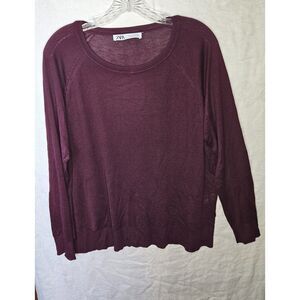 ZARA Crewneck Thin Effortless Sweater Burgundy Wine Size Large